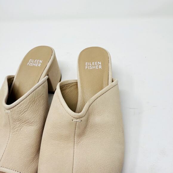 Eileen Fisher 5.5 Cream Lino Leather Fala Block Heel Sandals Slip On V Shape - Picture 4 of 10